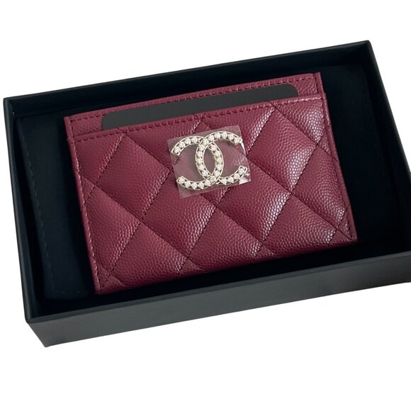 Authentic Chanel Crystal CC Logo Burgundy Caviar Leather Card Holder Wallet 2025